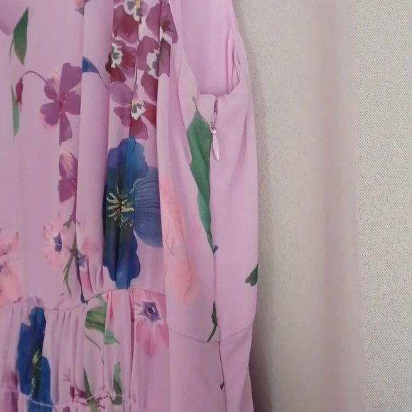 Talbots Georgette Botanical Fit&Flare Midi Dress, Purple Floral, Ruched Waist - Picture 9 of 16